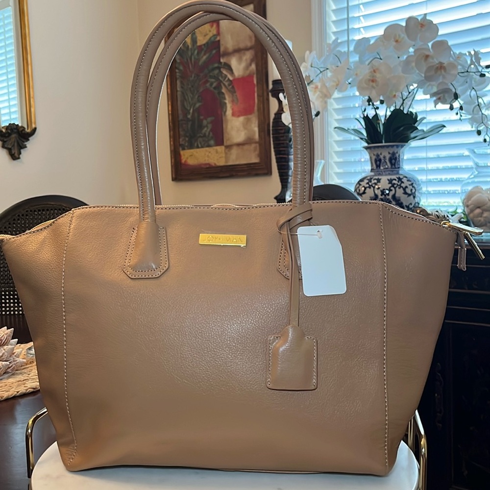Tan Structured Leather Satchel with Tan Satin Interior